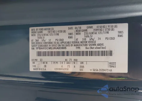 2018 Ford Transit-350 Xlt z USA, uszkodzony, nr VIN 1FBAX2CM2JKA83905